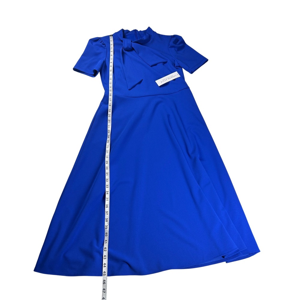 London Style Collection Cobalt Blue Bow Neck Short Sleeve Flare Dress Sz 10 NEW - Picture 3 of 13
